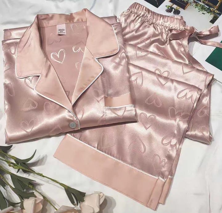 ملابس نوم صيفية نسائية بأكمام طويلة طقم بيجامة ساتان من قطعتين للنساءWomen's Summer Sleepwear Long Sleeve 2 Piece Satin Pajama Set for Women
