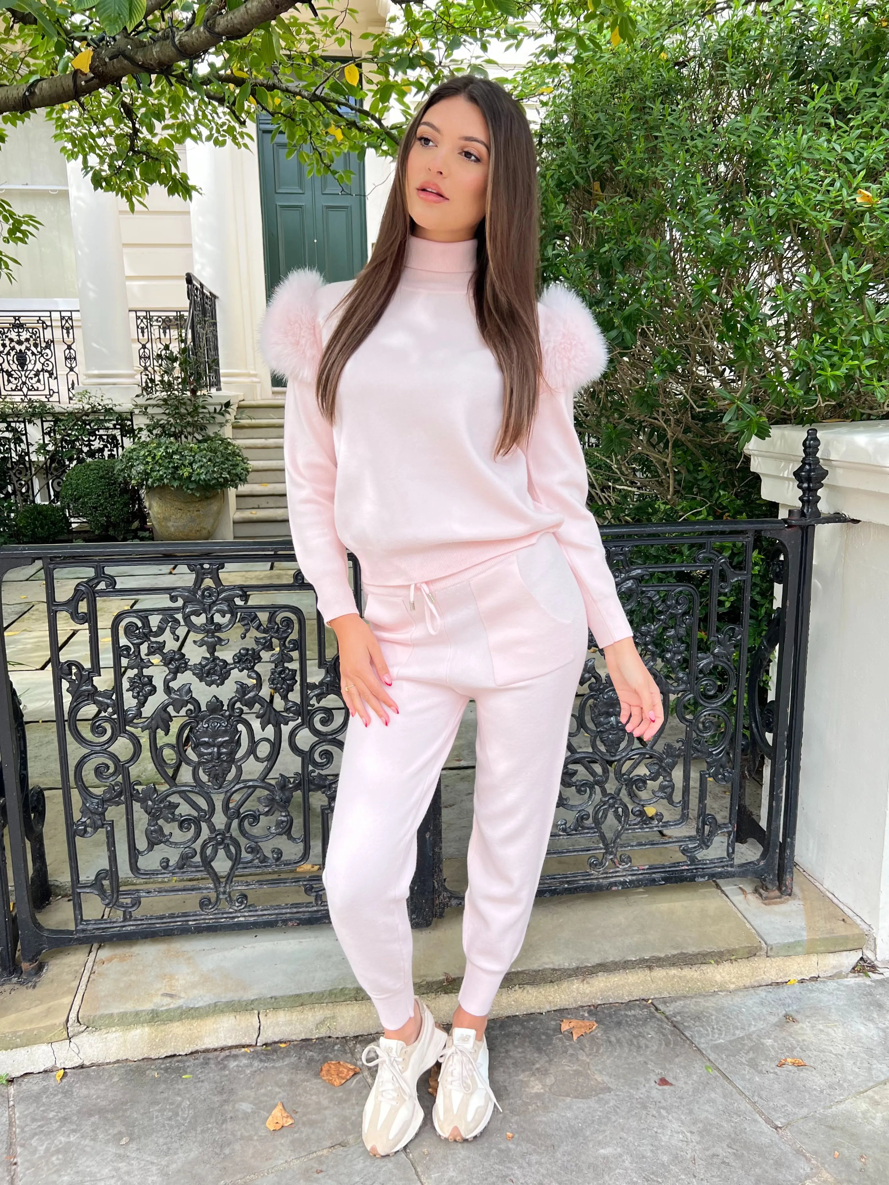 Baby Pink Premium Faux Fur Shoulder Roll Neck Jogger Tracksuit