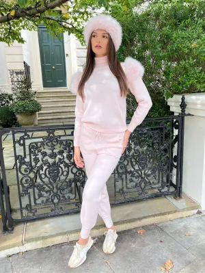Baby Pink Premium Faux Fur Shoulder Roll Neck Jogger Tracksuit