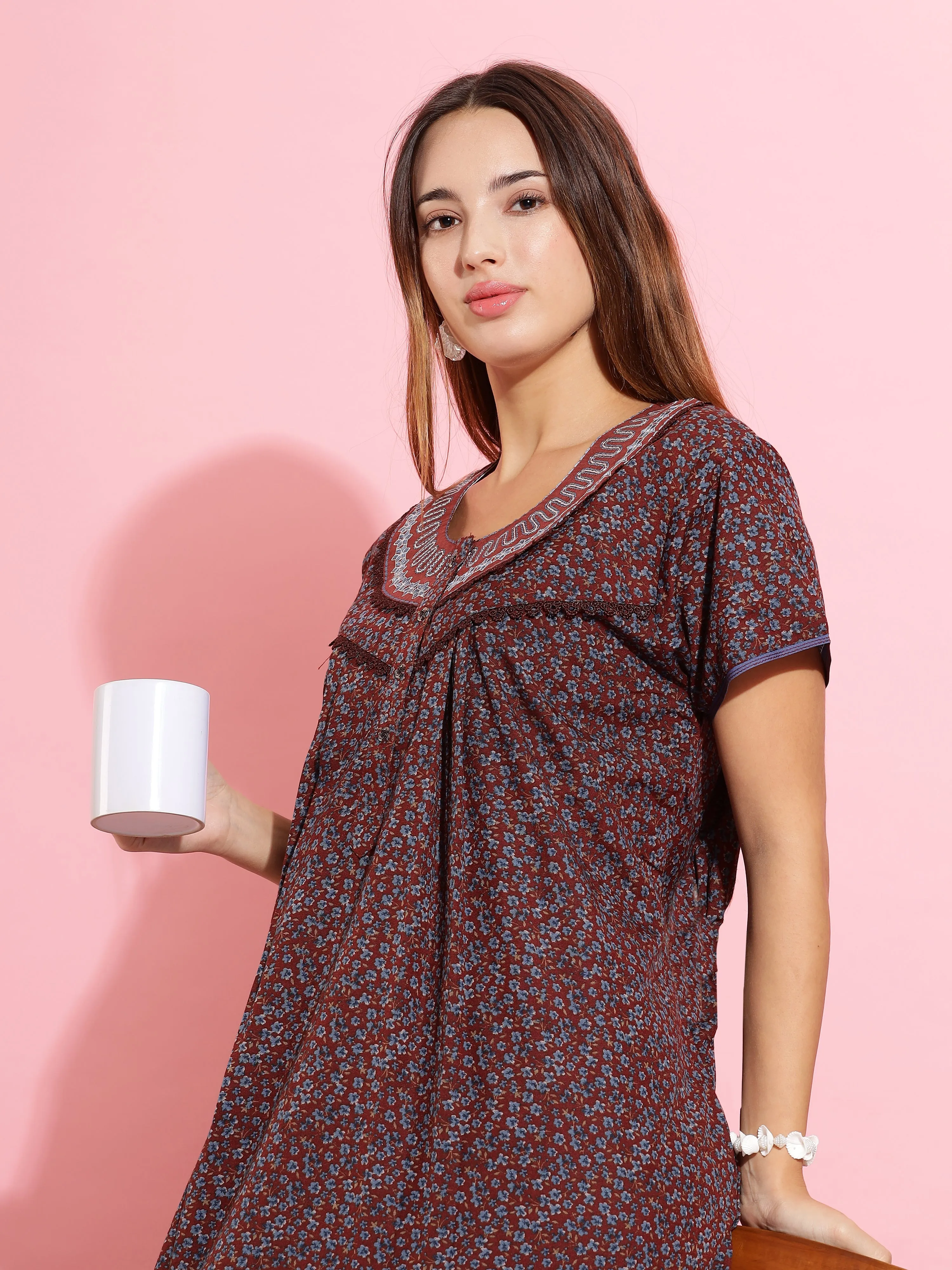 Beautiful Brown Printed Nighty | Soft Cloth Sleepwear