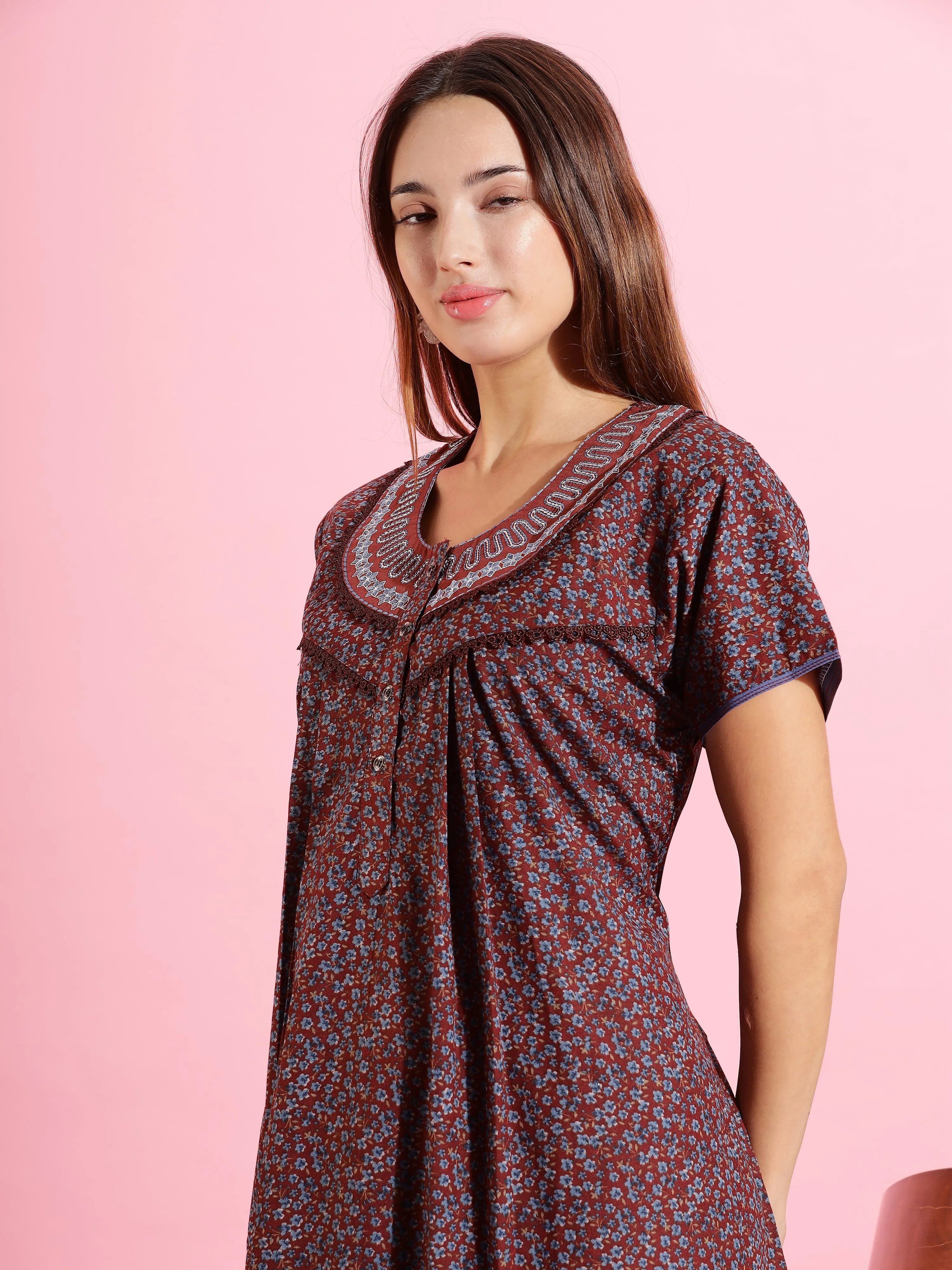 Beautiful Brown Printed Nighty | Soft Cloth Sleepwear