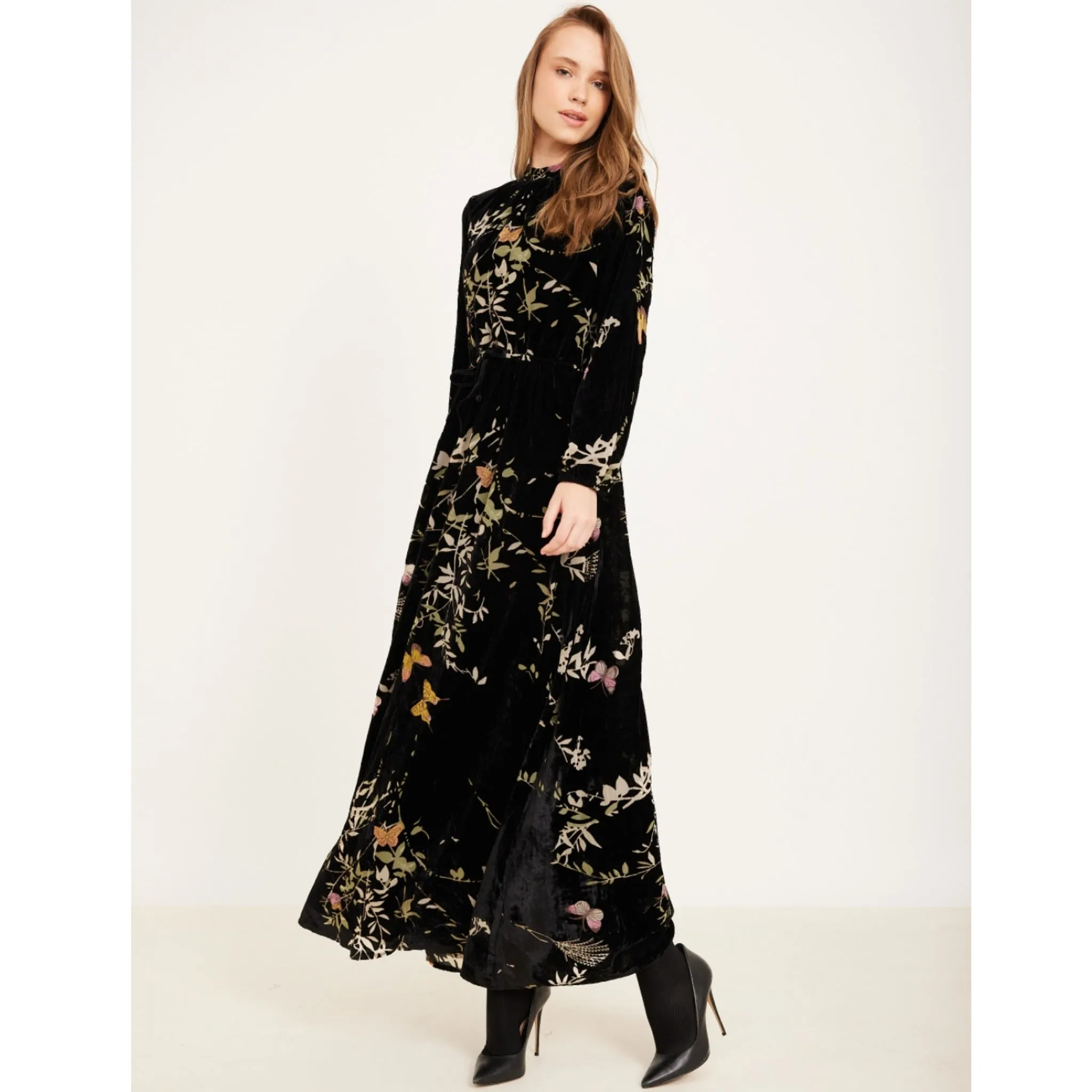 Butterfly Velvet Chiffon Maxi Dress