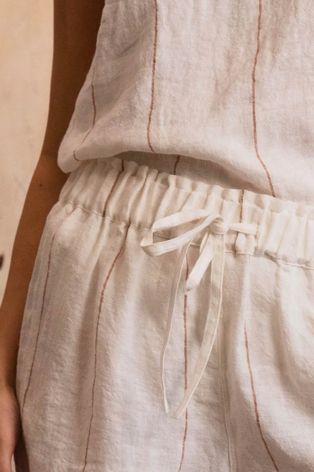 Carter Fundamental Linen Shorts - Off White w' Nutmeg Fine Stripe