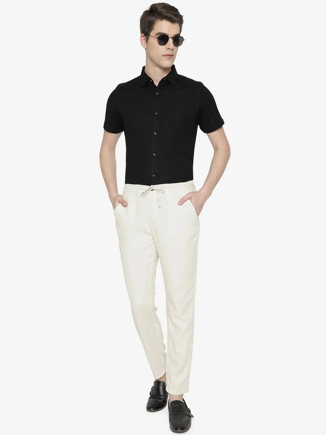 Cream Solid Slim Fit Track Pant | JadeBlue
