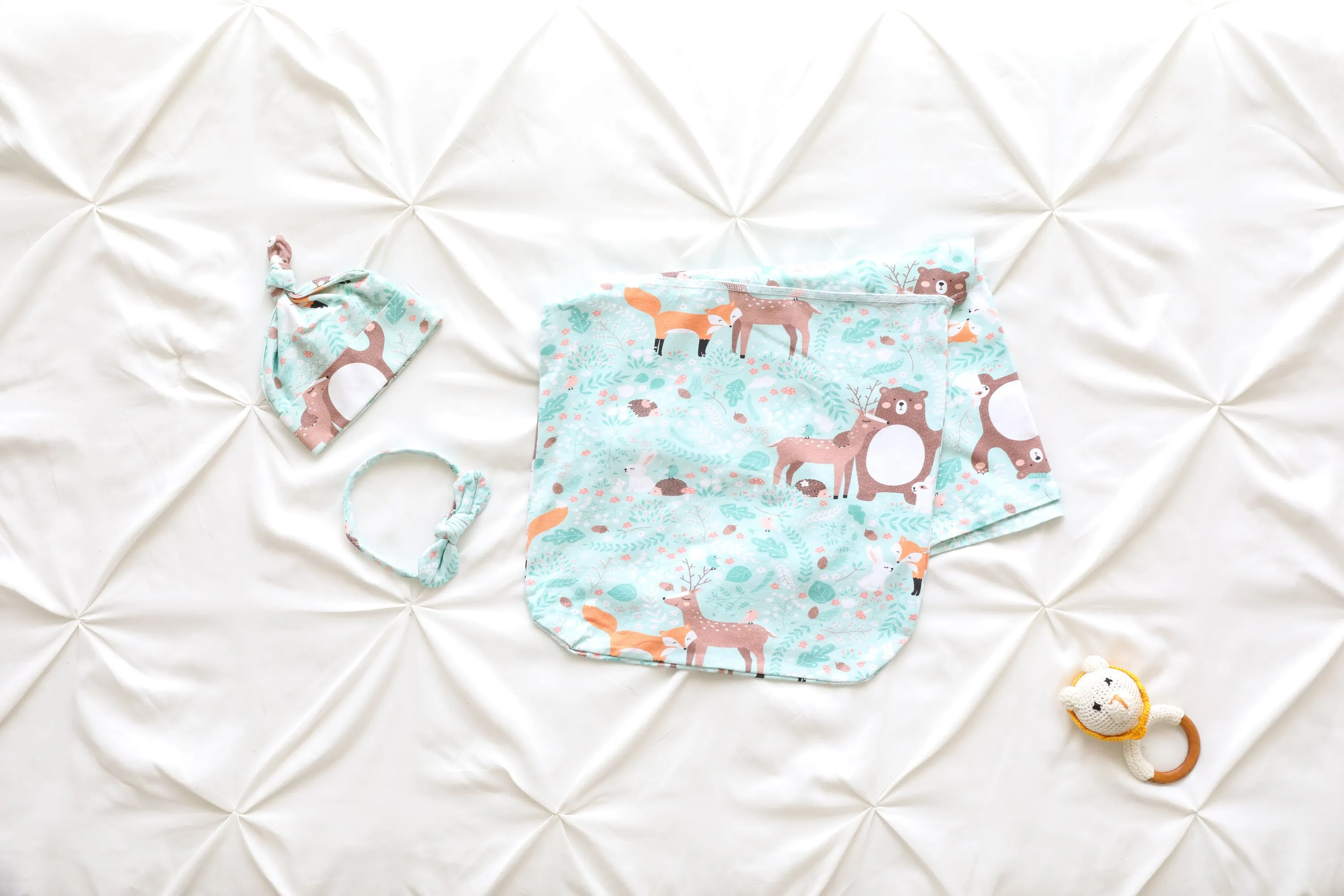 Deer Bear Pattern Baby Swaddle Blanket, Bow Headband & Personalized Hat  Cozy Woodland Baby Wrap for Sweet Dreams