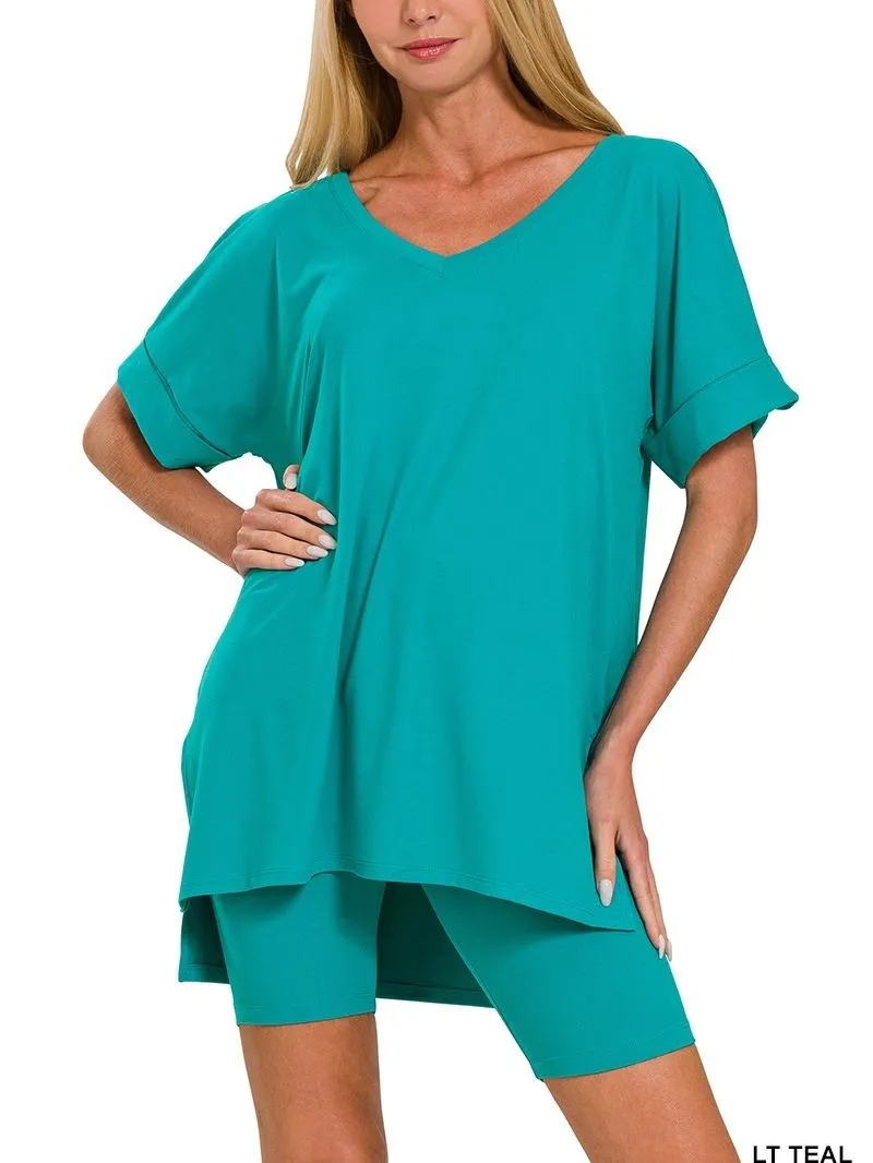 Elegant Comfort V-Neck Microfiber Top & Biker Shorts (10 Options)