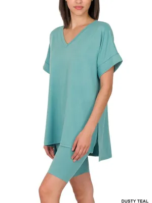 Elegant Comfort V-Neck Microfiber Top & Biker Shorts (10 Options)