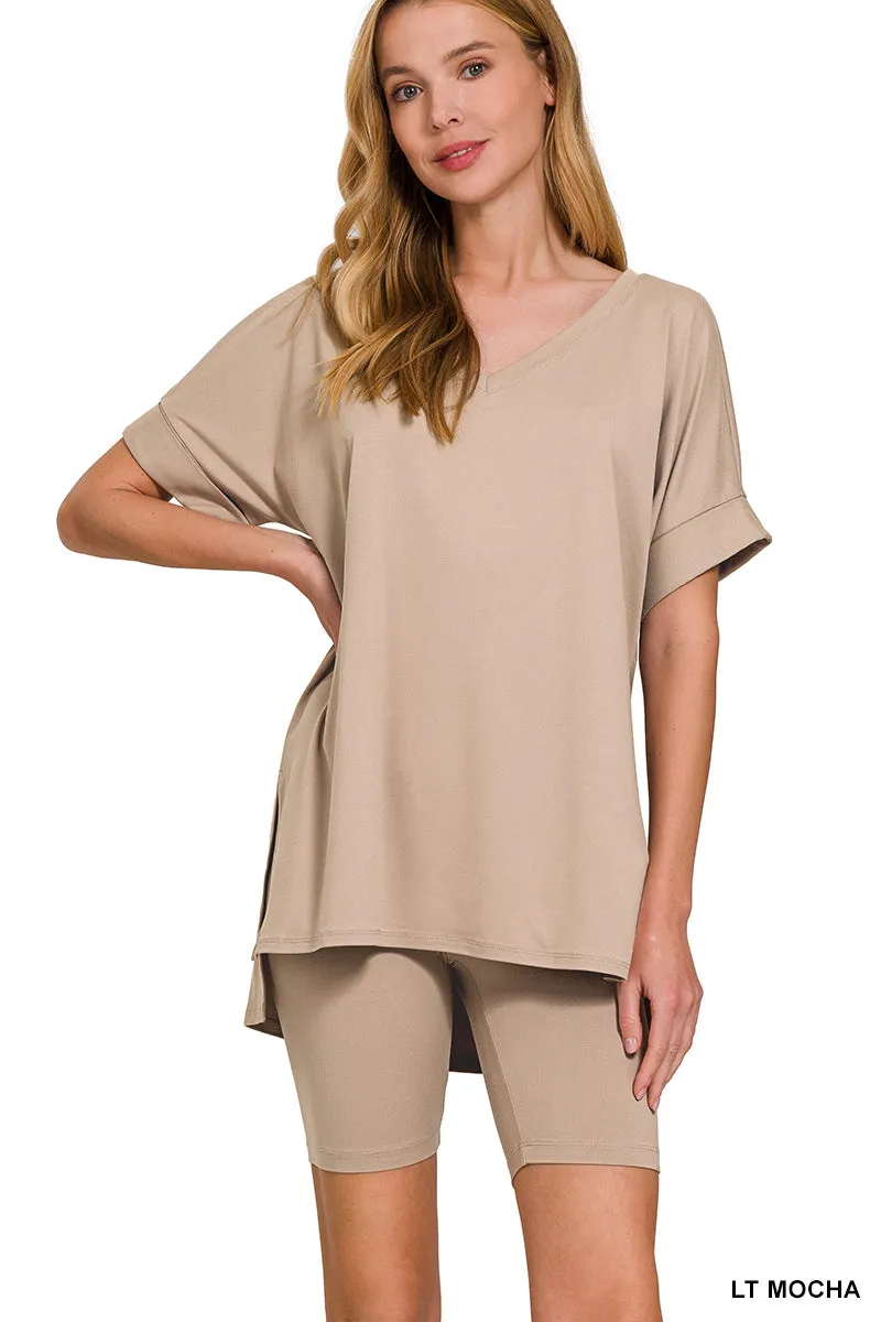 Elegant Comfort V-Neck Microfiber Top & Biker Shorts (10 Options)