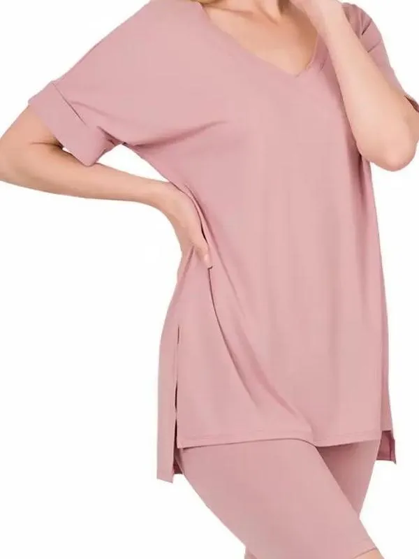Elegant Comfort V-Neck Microfiber Top & Biker Shorts (10 Options)