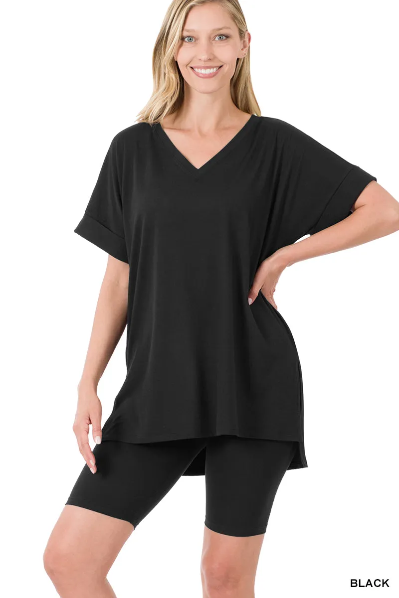 Elegant Comfort V-Neck Microfiber Top & Biker Shorts (10 Options)