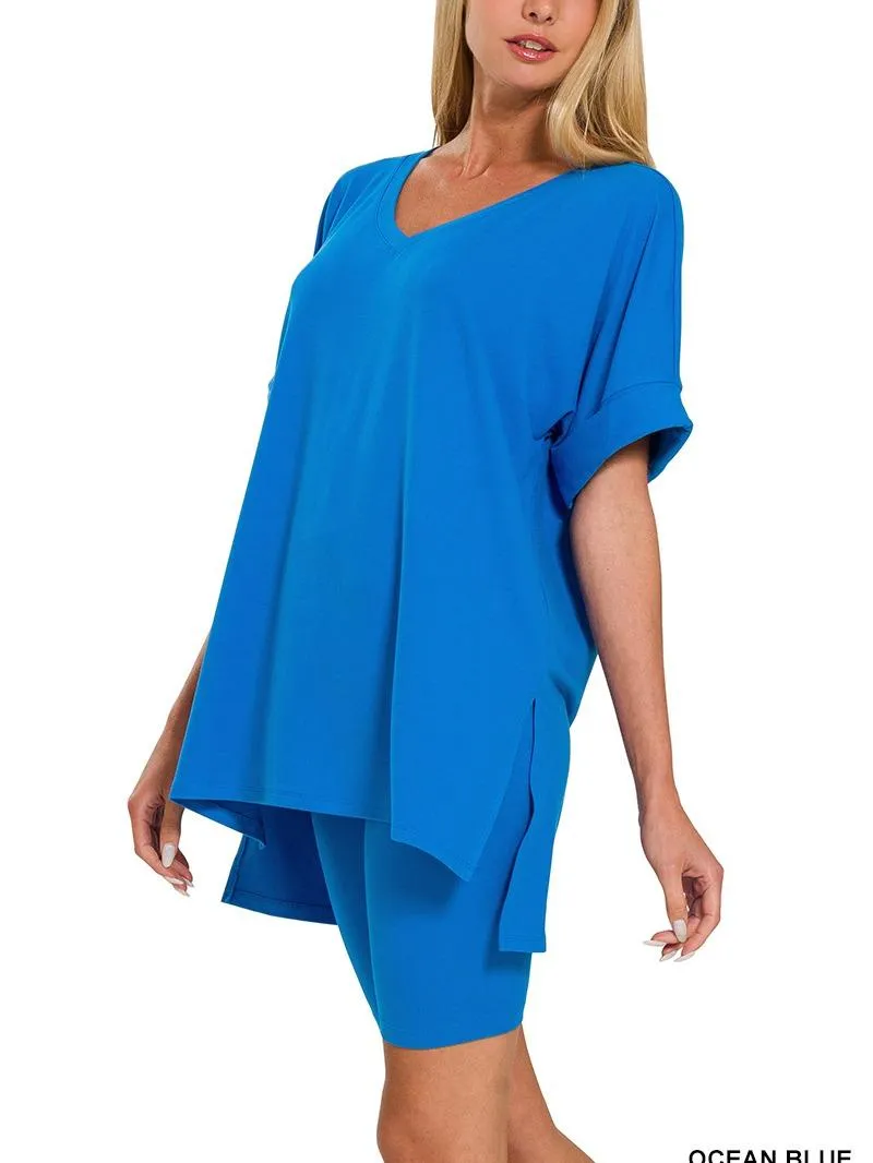 Elegant Comfort V-Neck Microfiber Top & Biker Shorts (10 Options)