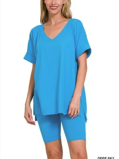Elegant Comfort V-Neck Microfiber Top & Biker Shorts (10 Options)