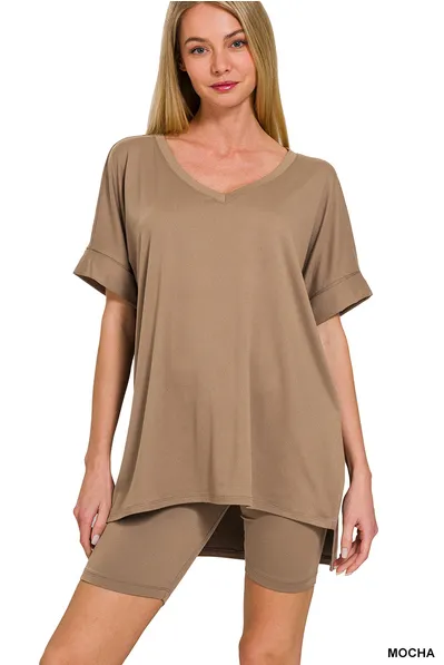 Elegant Comfort V-Neck Microfiber Top & Biker Shorts (10 Options)
