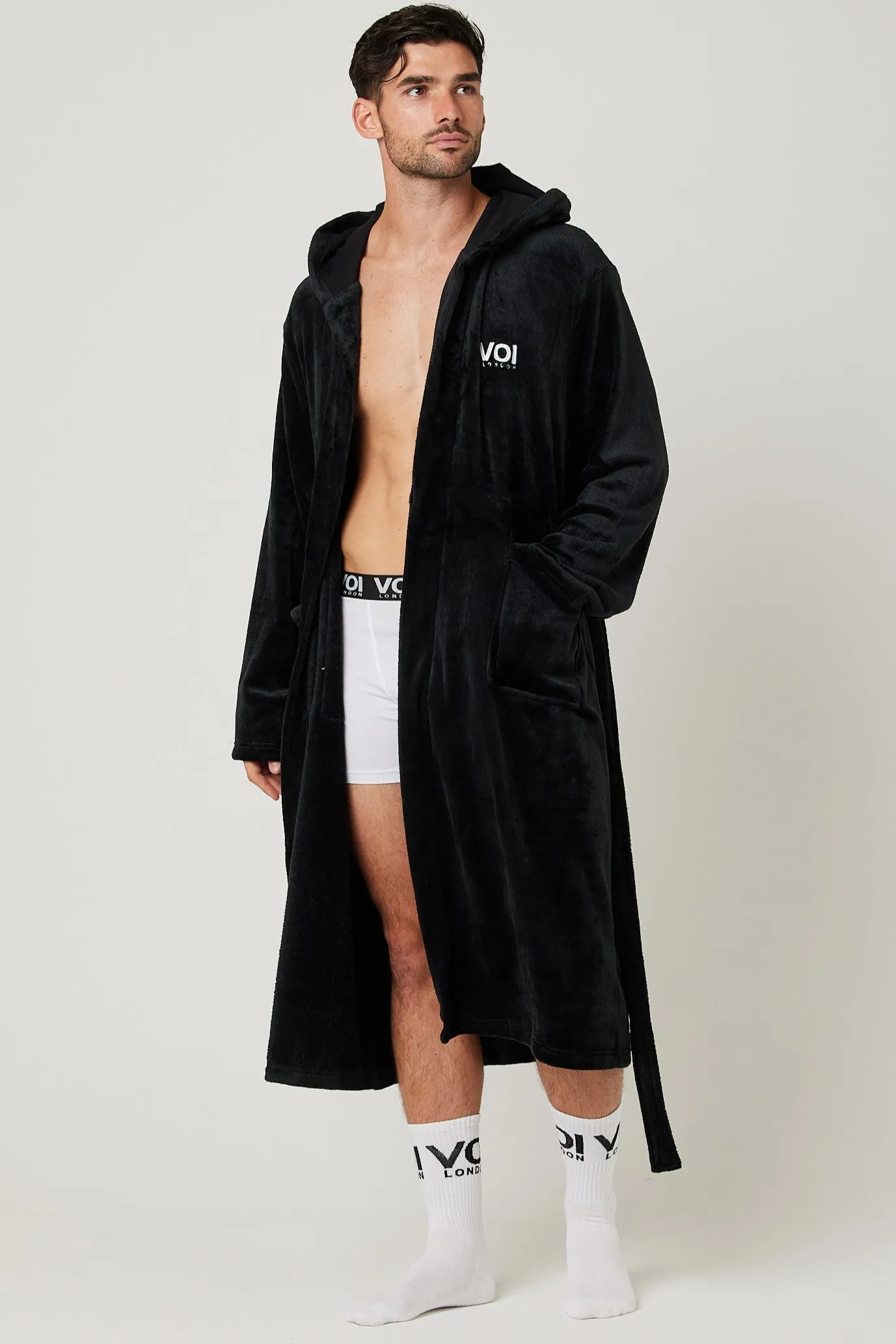 Fleece Dressing Gown & Cotton PJ Set Bundle - Black/Navy