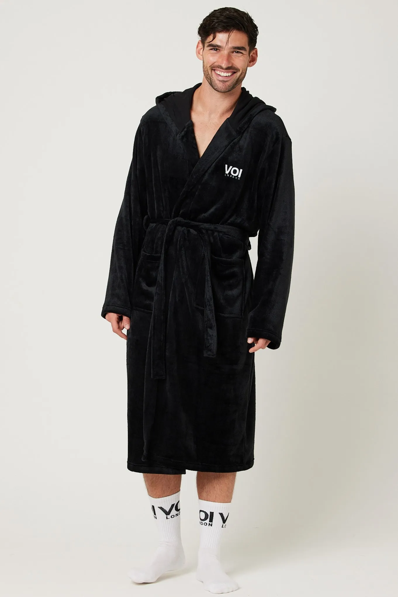 Fleece Dressing Gown & Cotton PJ Set Bundle - Black/Navy