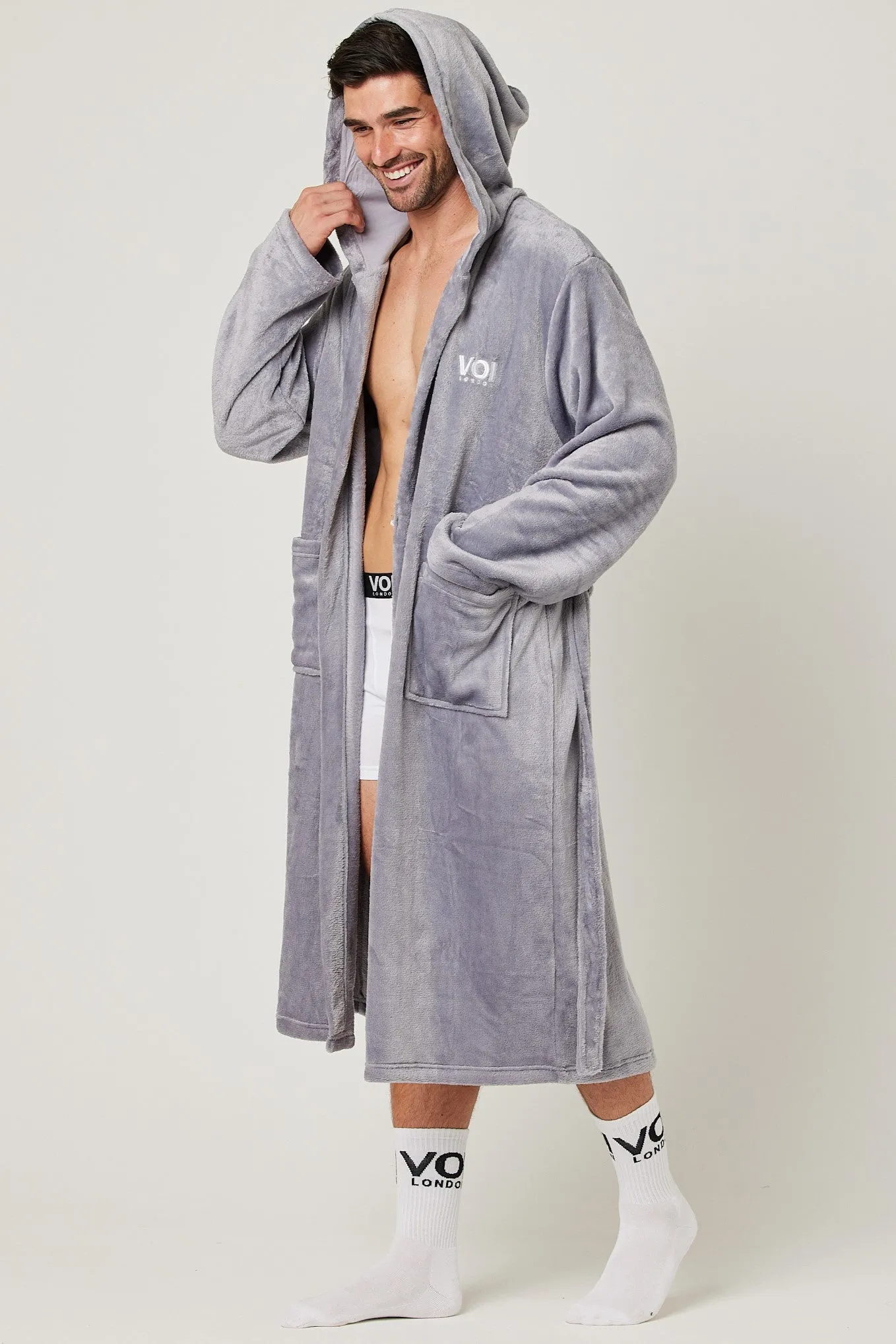 Fleece Dressing Gown & Cotton PJ Set Bundle - Grey/Grey