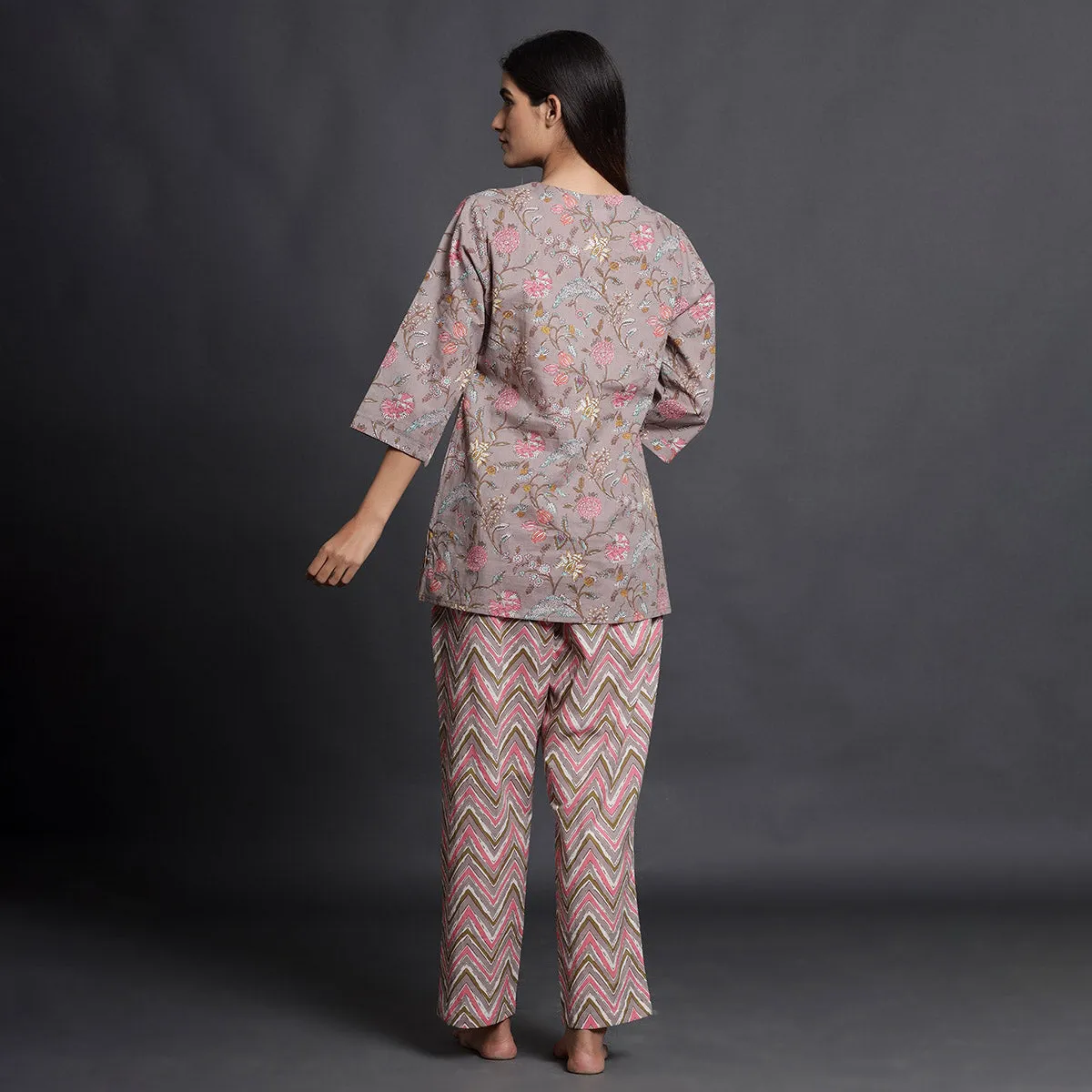 Floral Mosaic With Mountain Stripes Contrast Loungewear Top Set