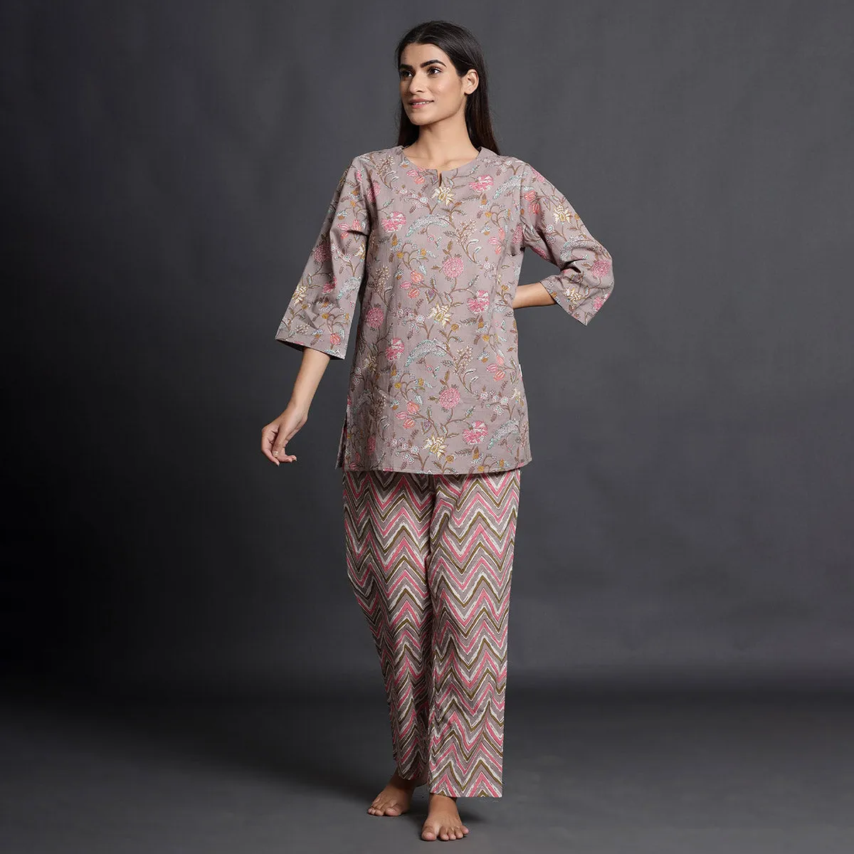 Floral Mosaic With Mountain Stripes Contrast Loungewear Top Set