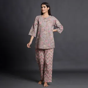 Floral Mosaic With Mountain Stripes Contrast Loungewear Top Set