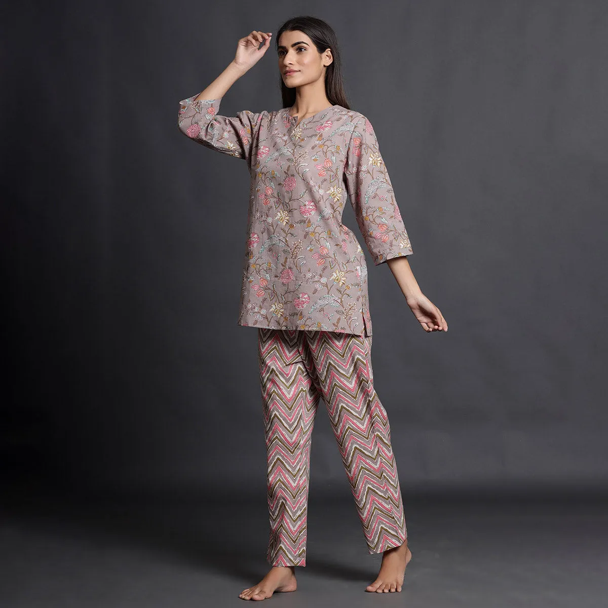 Floral Mosaic With Mountain Stripes Contrast Loungewear Top Set