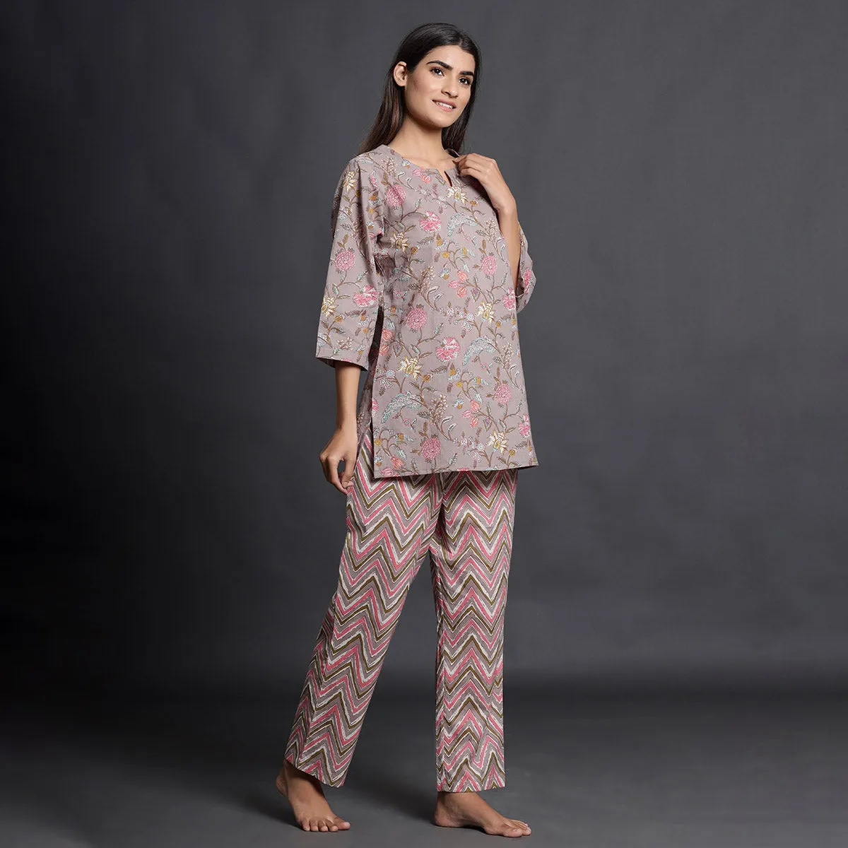 Floral Mosaic With Mountain Stripes Contrast Loungewear Top Set