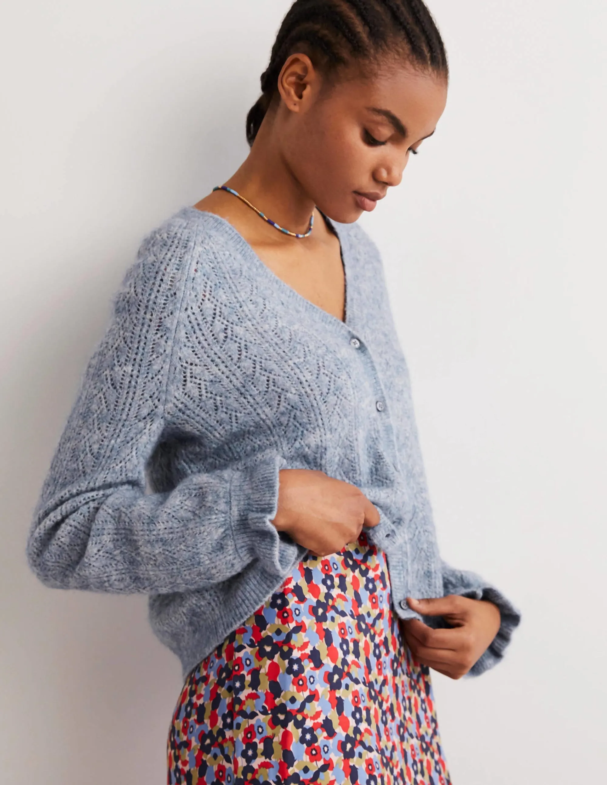Fluffy Pointelle Cardigan-Corporal Blue Melange