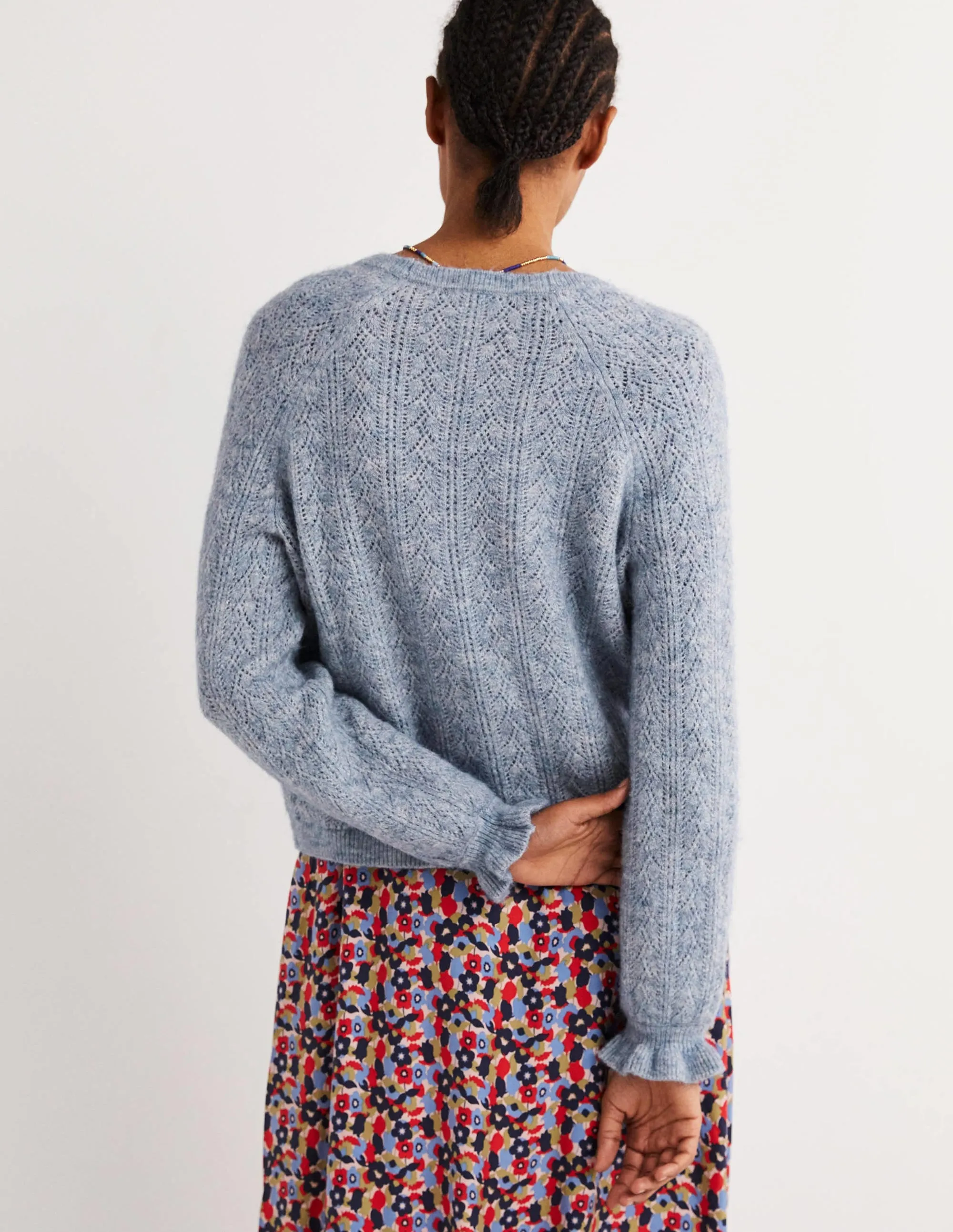 Fluffy Pointelle Cardigan-Corporal Blue Melange