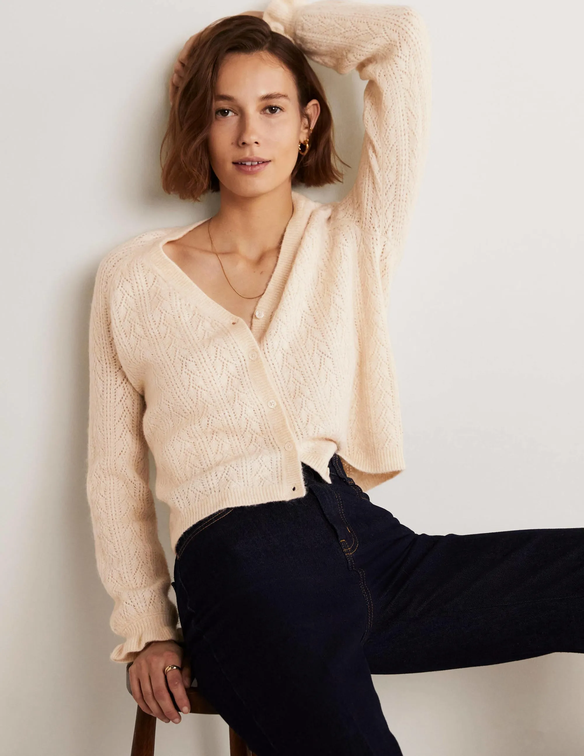 Fluffy Pointelle Cardigan-Rope