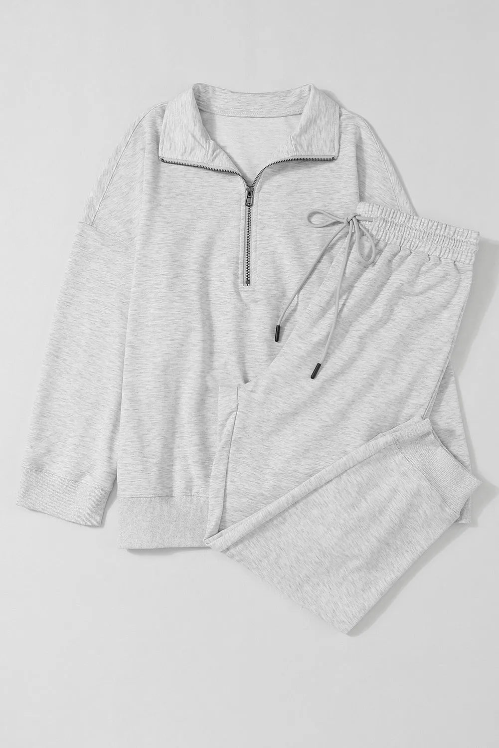 Gray Solid Color Half Zipped Top and Drawstring Pants Loungewear Set