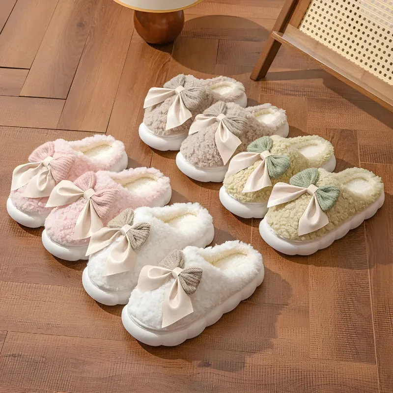 Indoor Fleece Slippers With Bow Accent