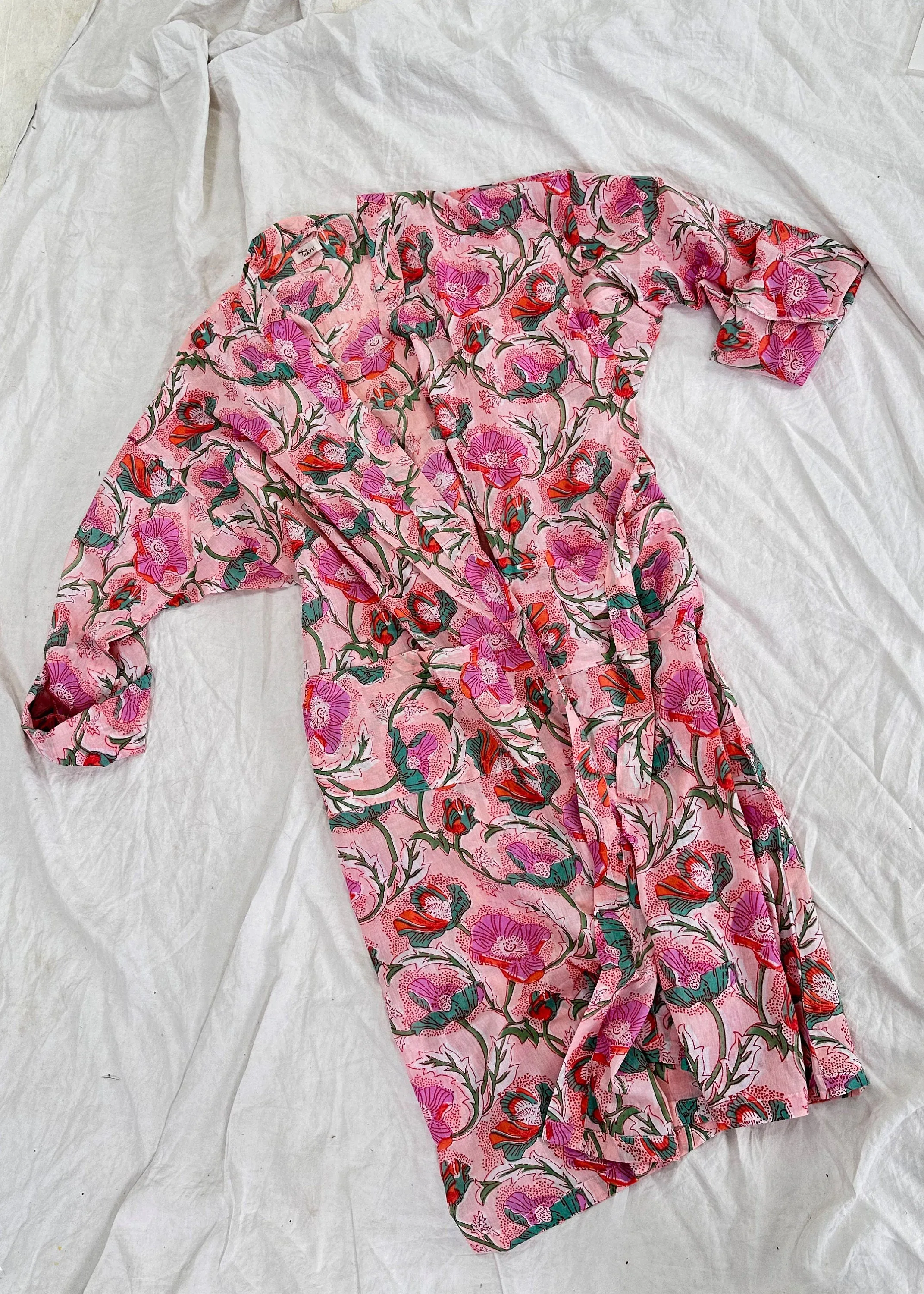 Lightweight Cotton Robe. Floral Block Printed. Up to XL