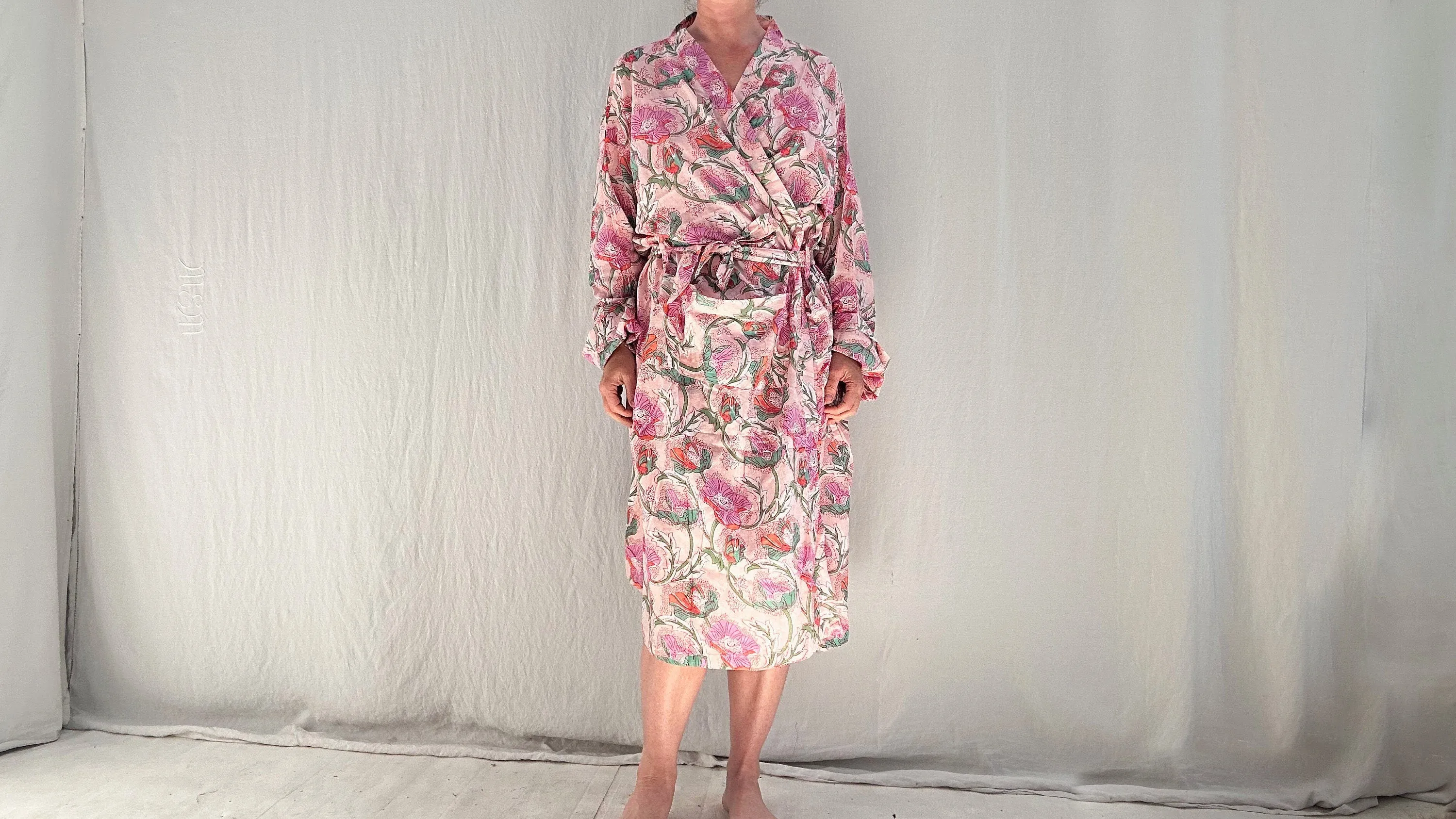 Lightweight Cotton Robe. Floral Block Printed. Up to XL