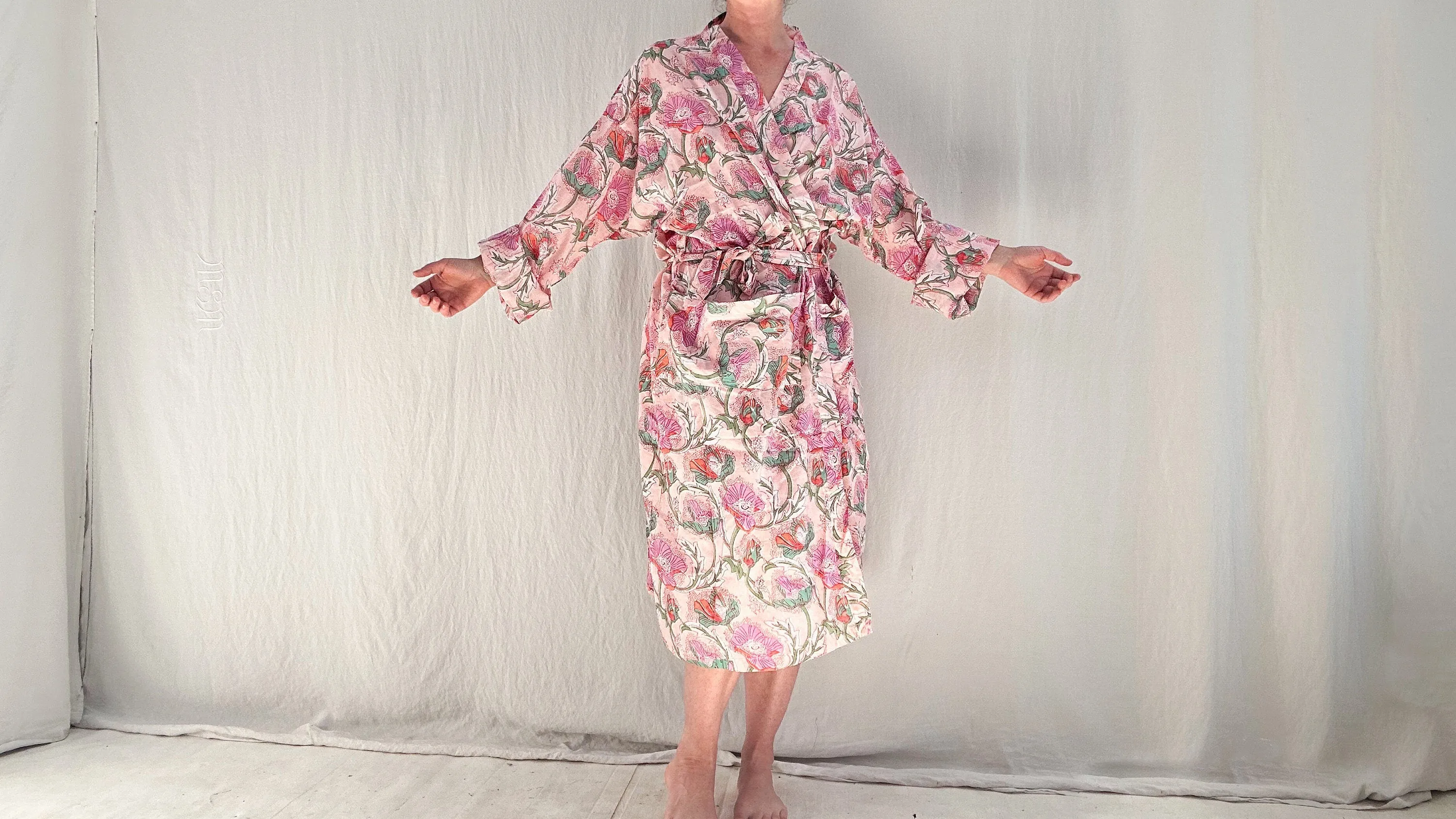 Lightweight Cotton Robe. Floral Block Printed. Up to XL