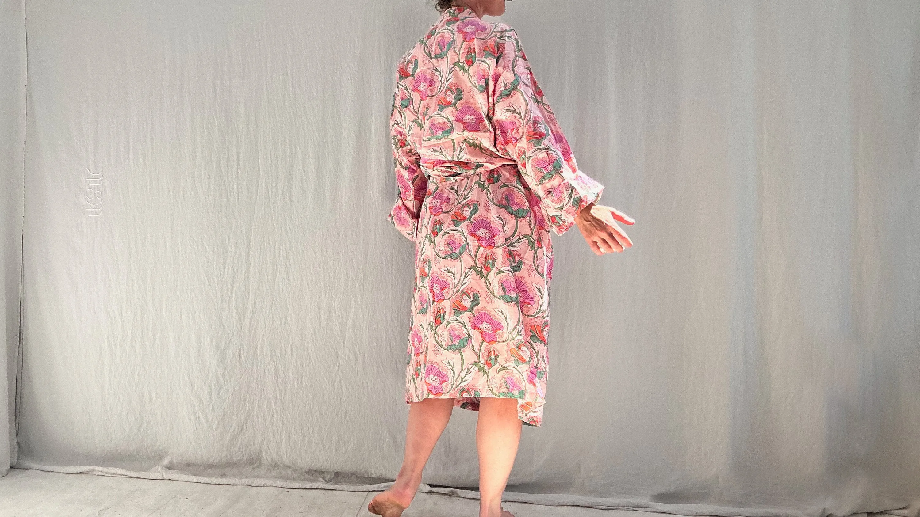 Lightweight Cotton Robe. Floral Block Printed. Up to XL