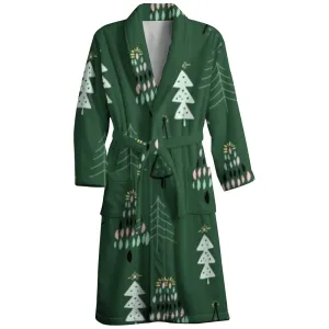 Mens Belt Merry Christmas Tree Green Print Fleece Lounge Robe