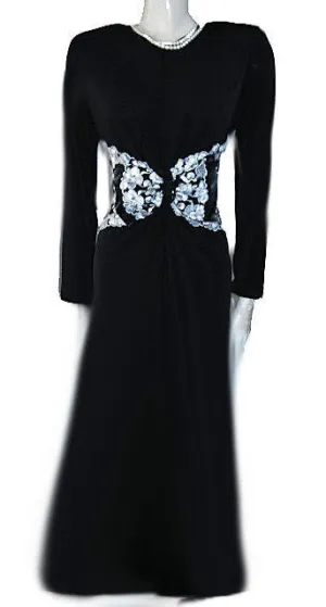 *NEW WITH TAG  - DIAMOND TEA QUALITY - GLAMOROUS '30s STARLET LOOK BLACK & SILVER EMBROIDERED FLORAL DRESSING GOWN ROBE ADORNED WITH A HUGE SATIN TRIMMED BOW