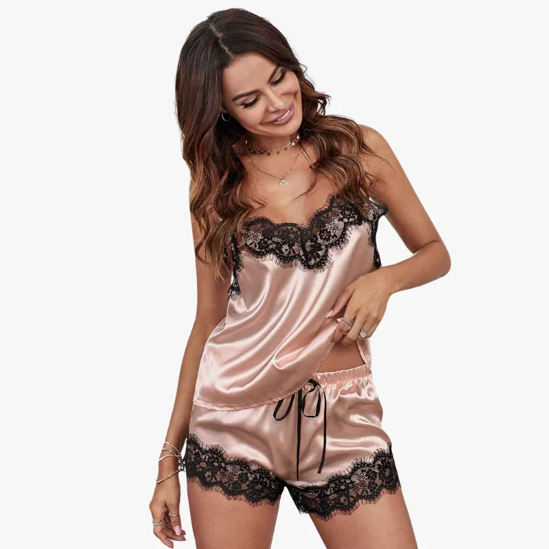 Satin & Lace Camisole Lounge Set Apricot