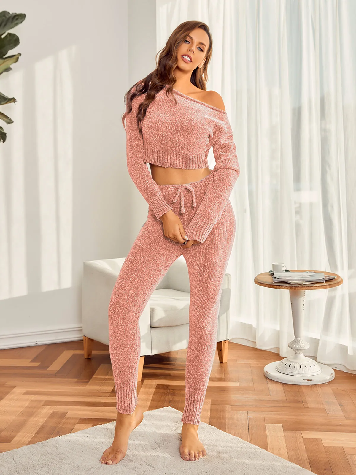 Solid Color Top With Pants Lounge Set