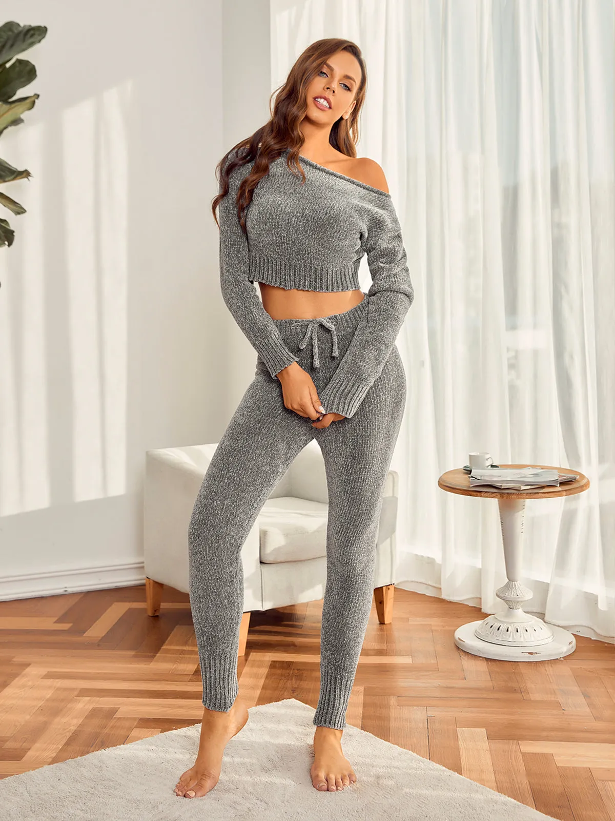 Solid Color Top With Pants Lounge Set