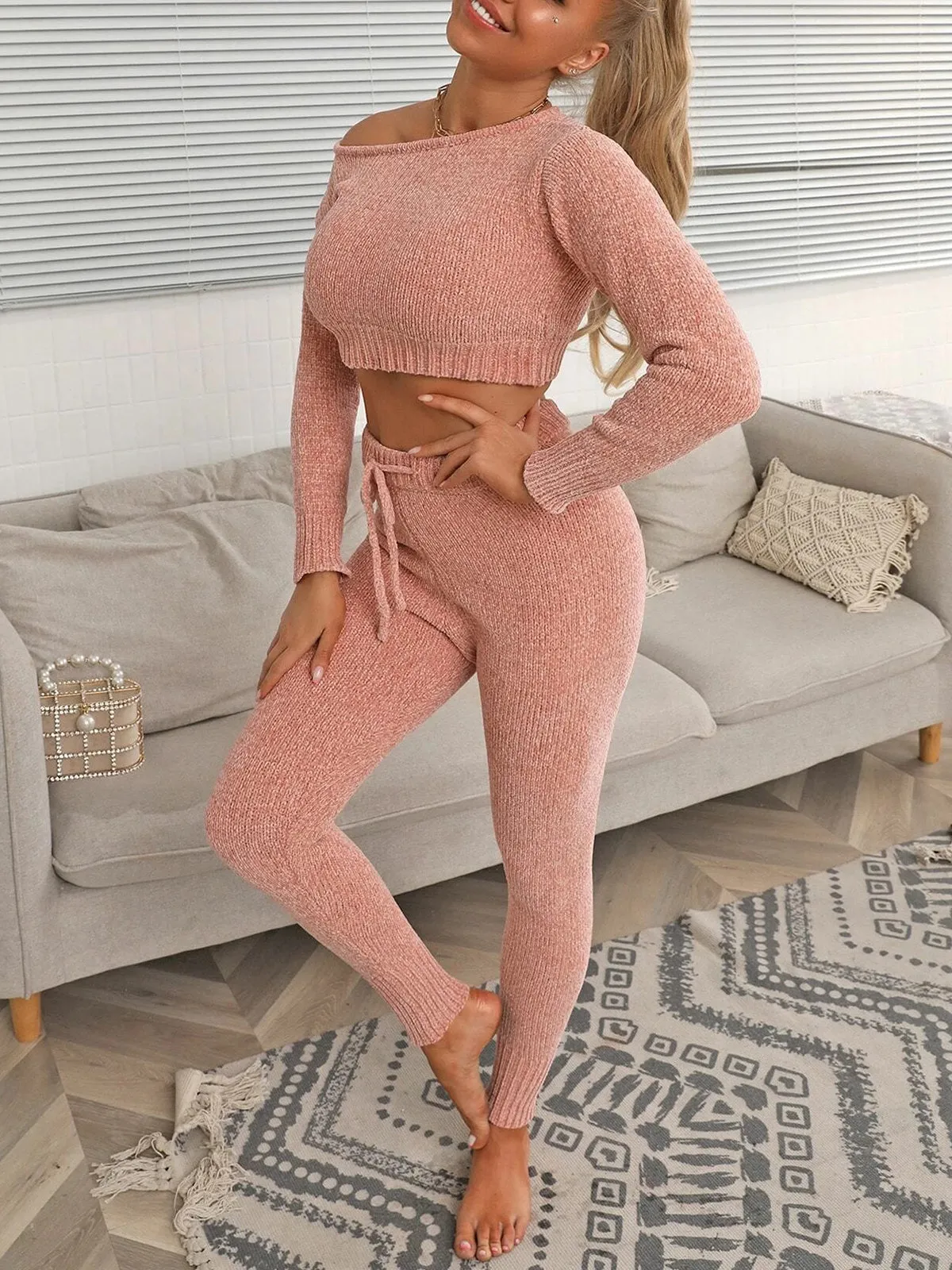 Solid Color Top With Pants Lounge Set
