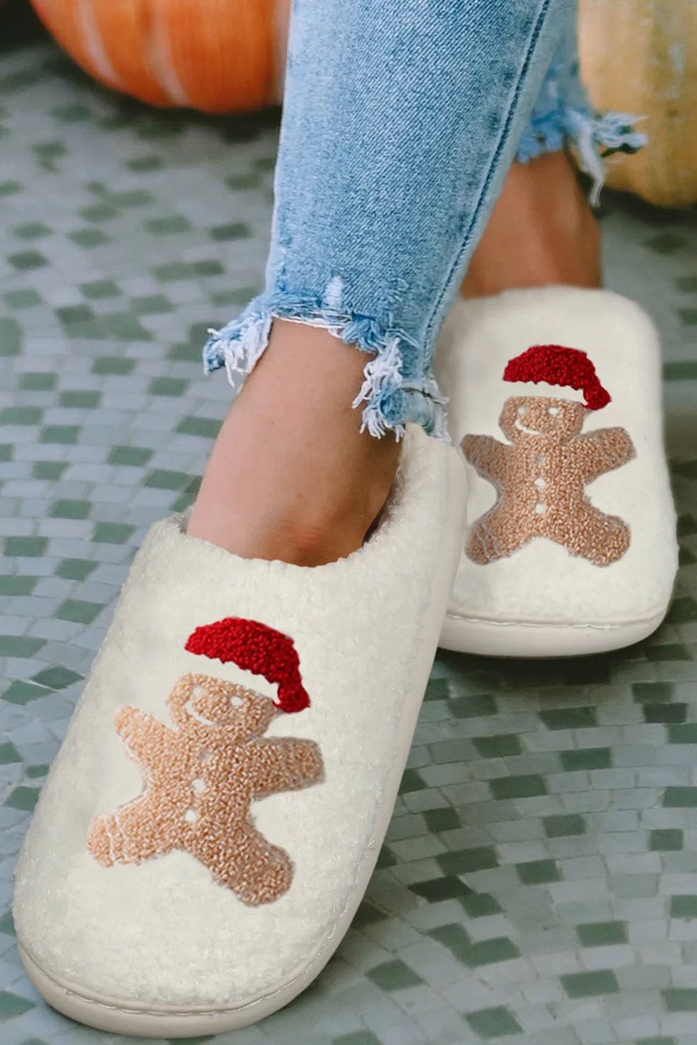 White Christmas Gingerbread Man Plush Slippers