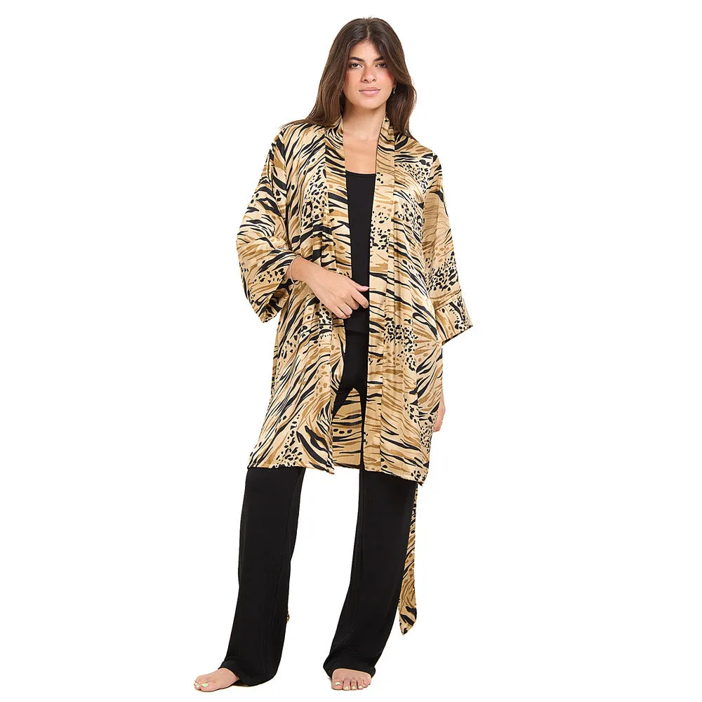 Women summer 3 piece pajama set Beige Cheetah pattern kimono   Black top & Pants