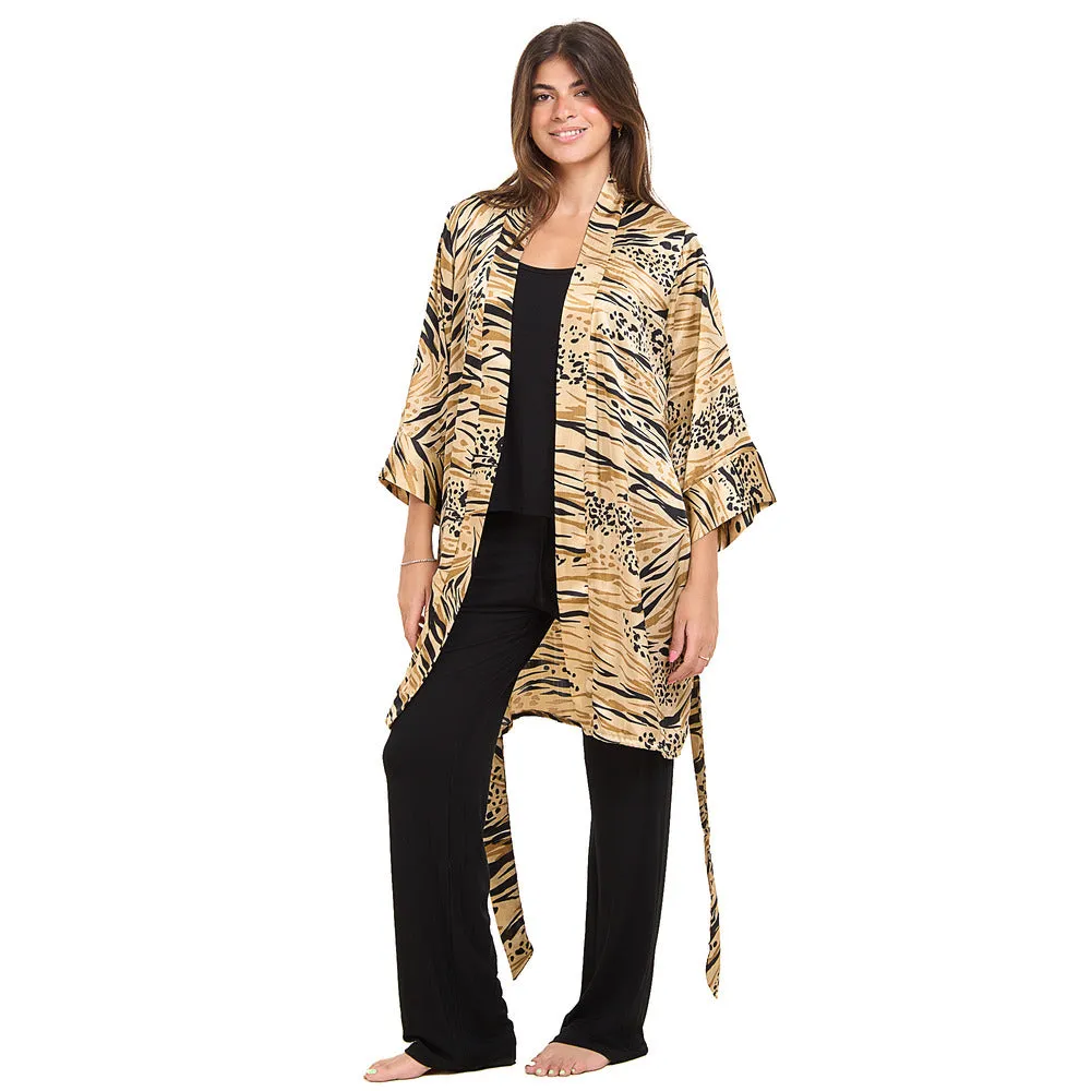Women summer 3 piece pajama set Beige Cheetah pattern kimono   Black top & Pants