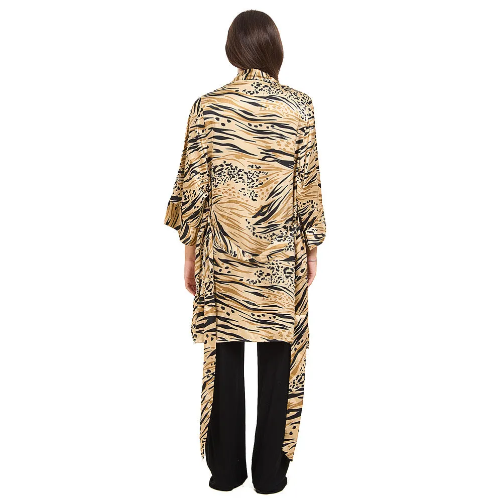 Women summer 3 piece pajama set Beige Cheetah pattern kimono   Black top & Pants
