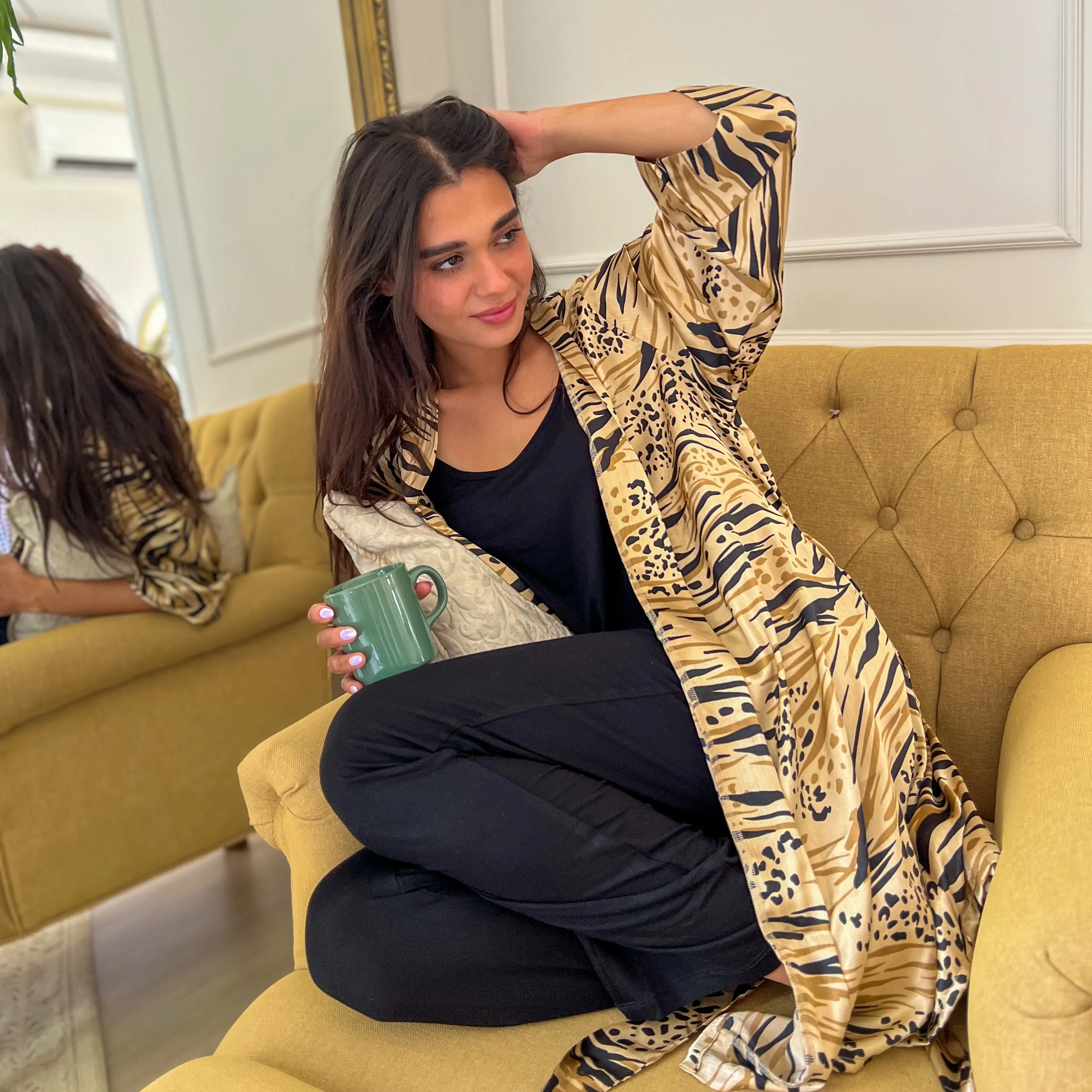 Women summer 3 piece pajama set Beige Cheetah pattern kimono   Black top & Pants