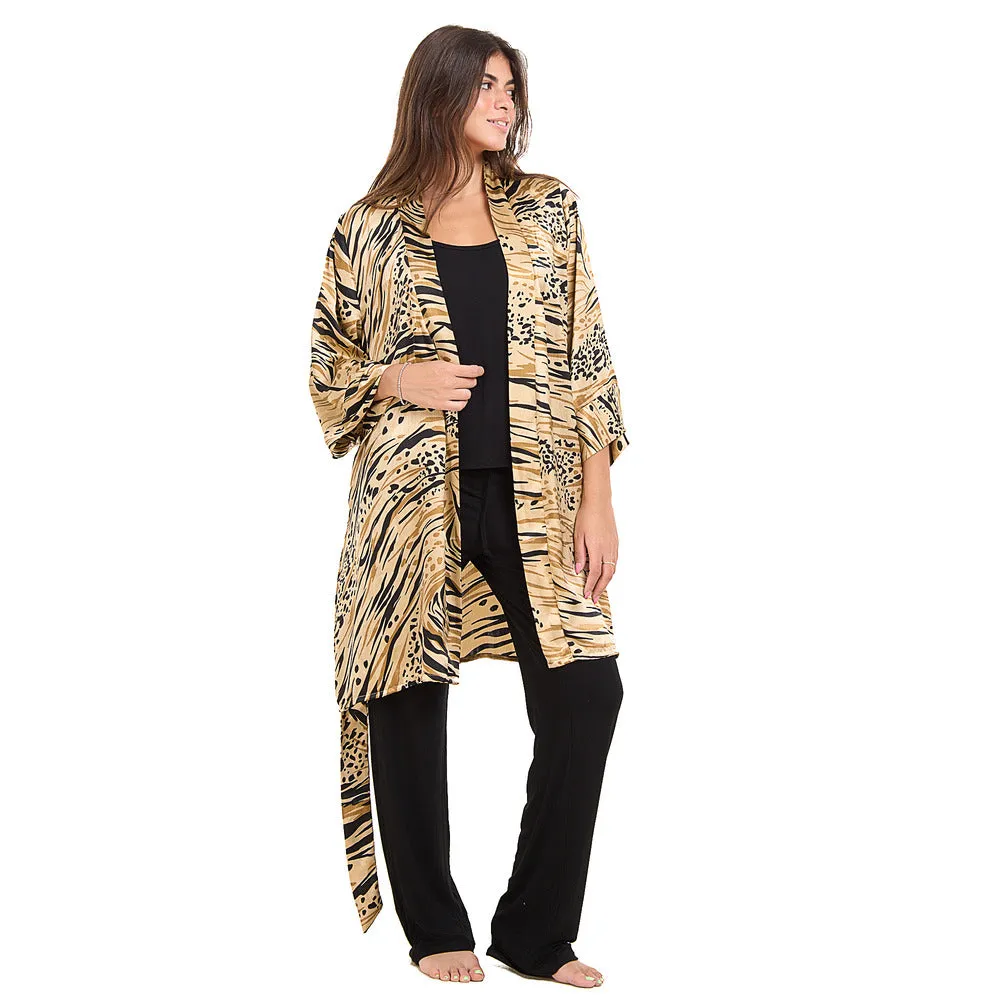 Women summer 3 piece pajama set Beige Cheetah pattern kimono   Black top & Pants