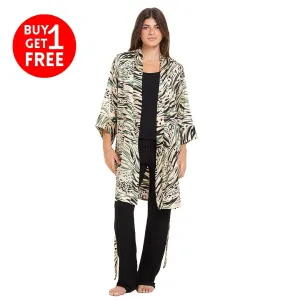Women summer 3 piece pajama set  Mint Cheetah pattern kimono   Black top & Pants