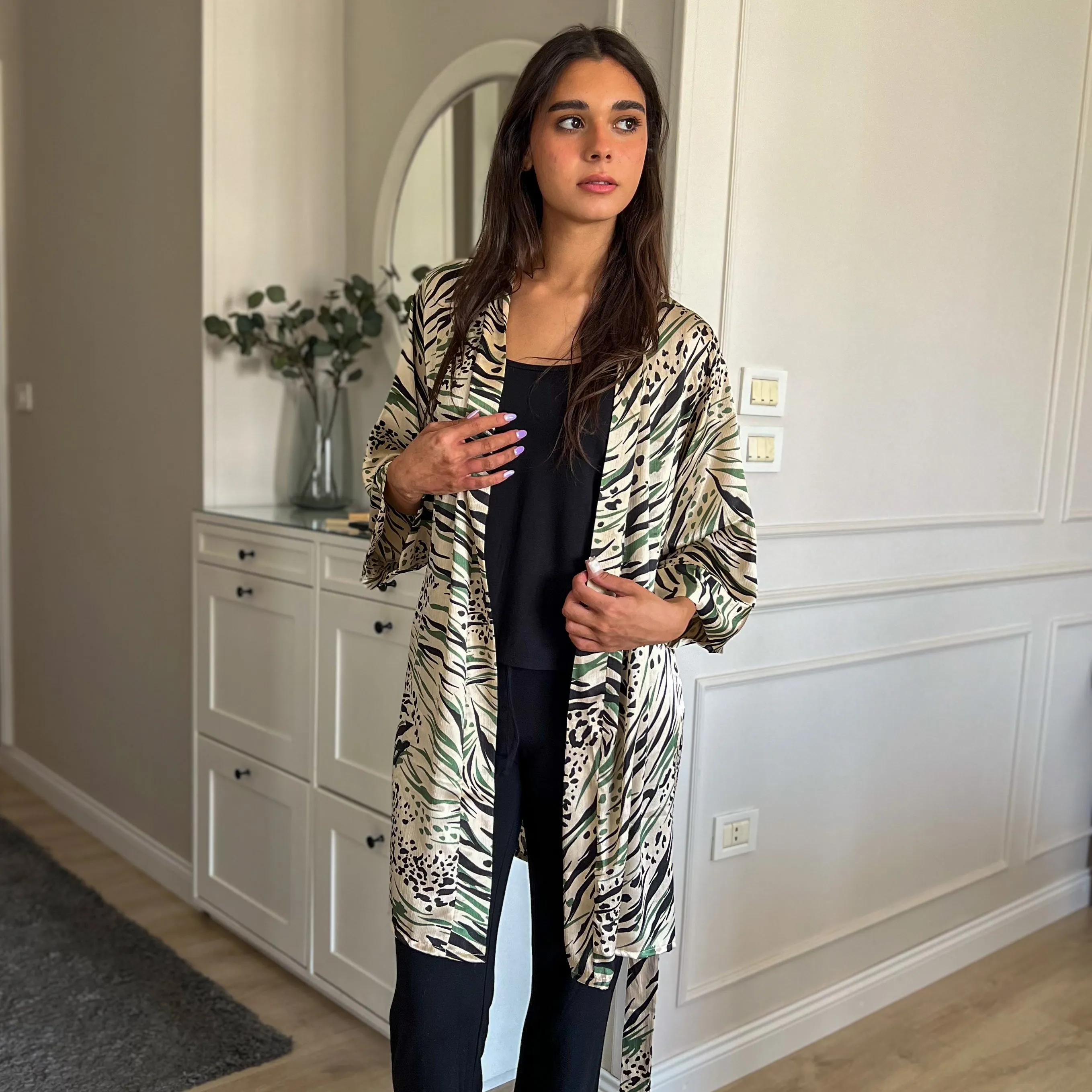 Women summer 3 piece pajama set  Mint Cheetah pattern kimono   Black top & Pants