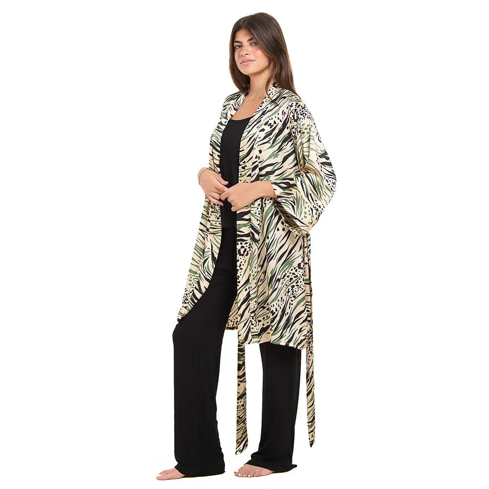 Women summer 3 piece pajama set  Mint Cheetah pattern kimono   Black top & Pants