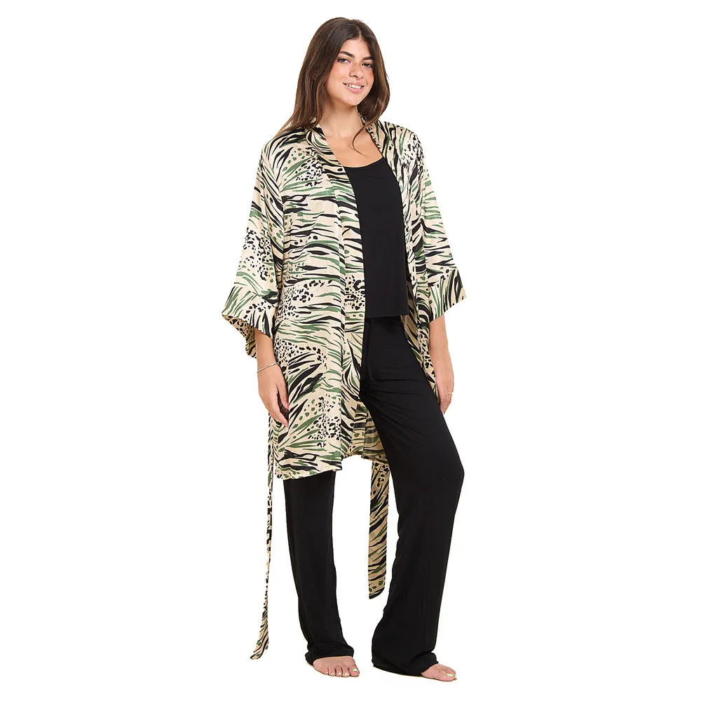 Women summer 3 piece pajama set  Mint Cheetah pattern kimono   Black top & Pants